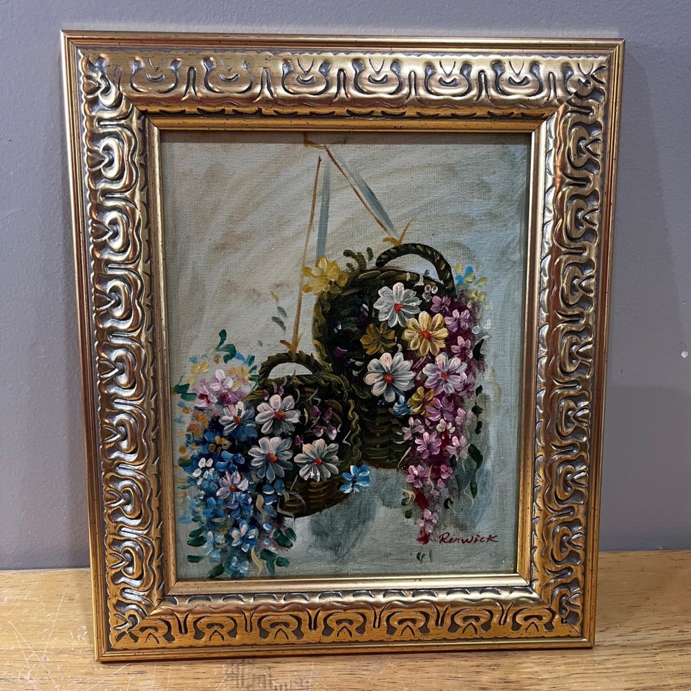 Vtg Renwick Signed Floral Baskets Oil Painting Ornate Gold Frame Certified Art